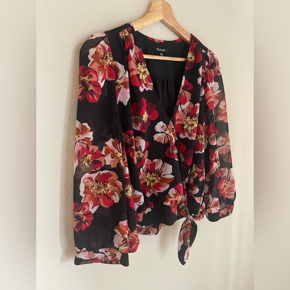 Madewell Black and Red Floral Wrap Blouse - Picture 3 of 11